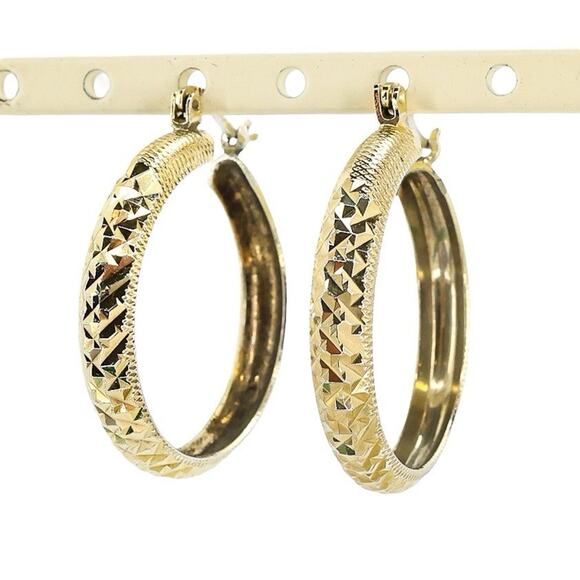 Large 925 Sterling Silver Vermeil Textured Diamond Cut Hoop Earrings Turkey - Picture 1 of 4